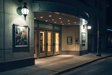 Obraz premium A dimly lit movie theater entrance featuring glass doors, illuminated by warm lights, with posters displayed on the walls, creating an inviting atmosphere at night.