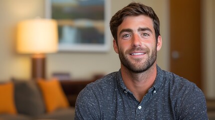 Headshot portrait of a confident looking young Caucasian businessman or candidate participating in an online job interview or video conference meeting against a neutral background