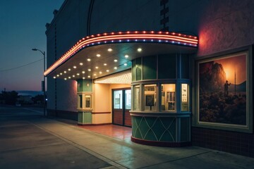A nostalgic movie theater entrance illuminated by bright lights, creating a welcoming atmosphere at dusk.
