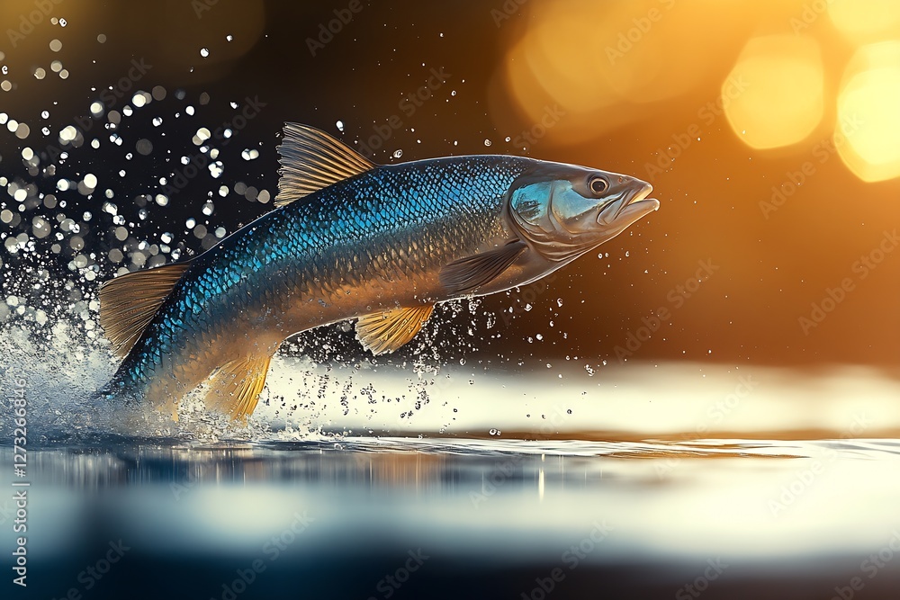 Poster a stunning fish leaps gracefully from the water creating splashes during a golden hour : generative 