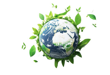 A green leafy planet with a blue and white background