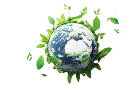 A green leafy planet with a blue and white background