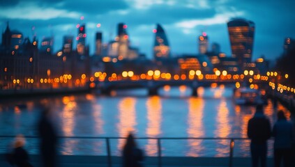 Naklejka premium Blurred city skyline at twilight, people silhouetted against river and lights.