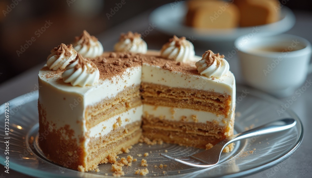 Poster Elegant layered cake with creamy frosting and delicate decoration in a cozy cafe setting