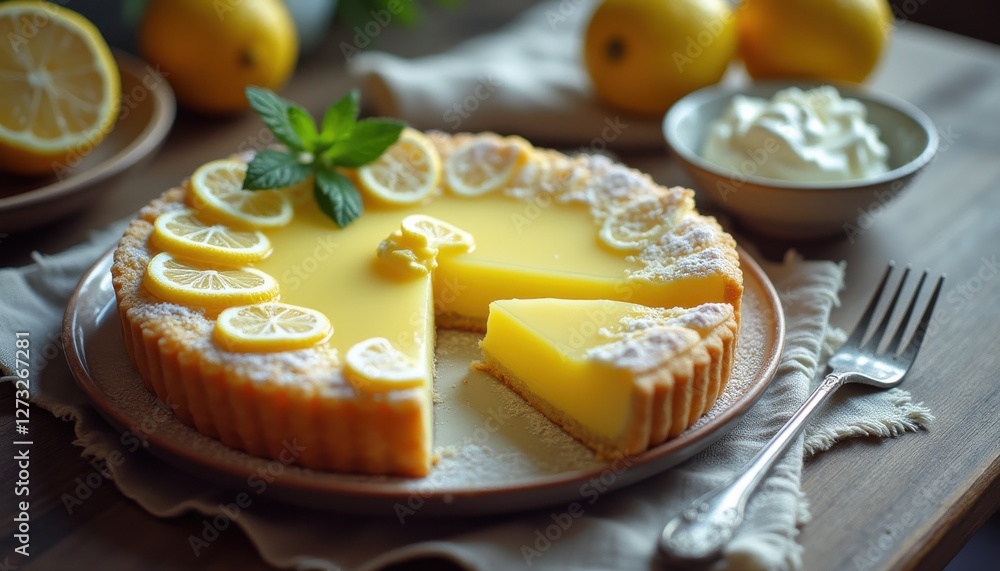 Poster lemon tart with fresh lemon slices and mint served on a wooden table with whipped cream and lemons