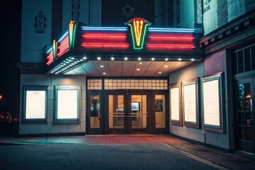 A vibrant vintage theater entrance illuminated at night with colorful neon lights and a welcoming atmosphere.