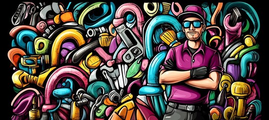 Cartoon illustration of a handyman surrounded by tools.