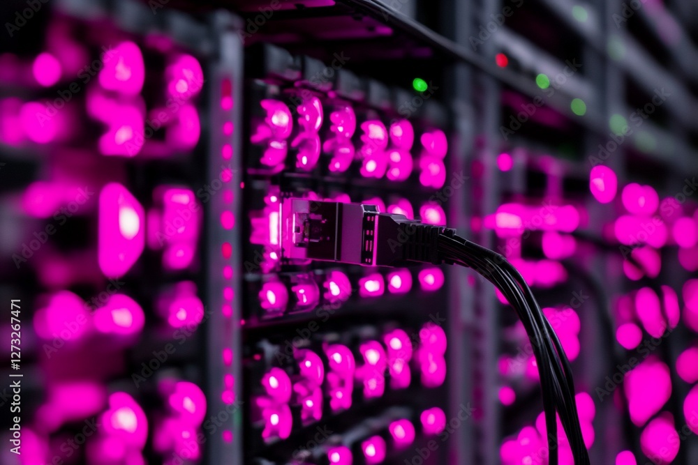 Poster close-up of server rack with fiber optic cables connected, showing data transfer and network infrast