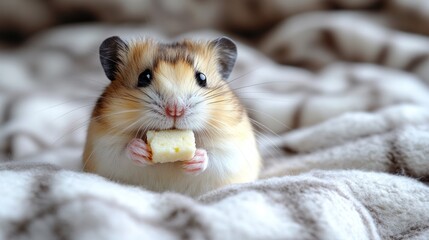 Cute hamster eating cheese on blanket. Possible use children's book illustration