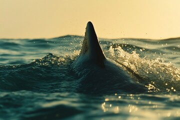 Fototapeta premium Shark fin emerges from ocean water at sunset.