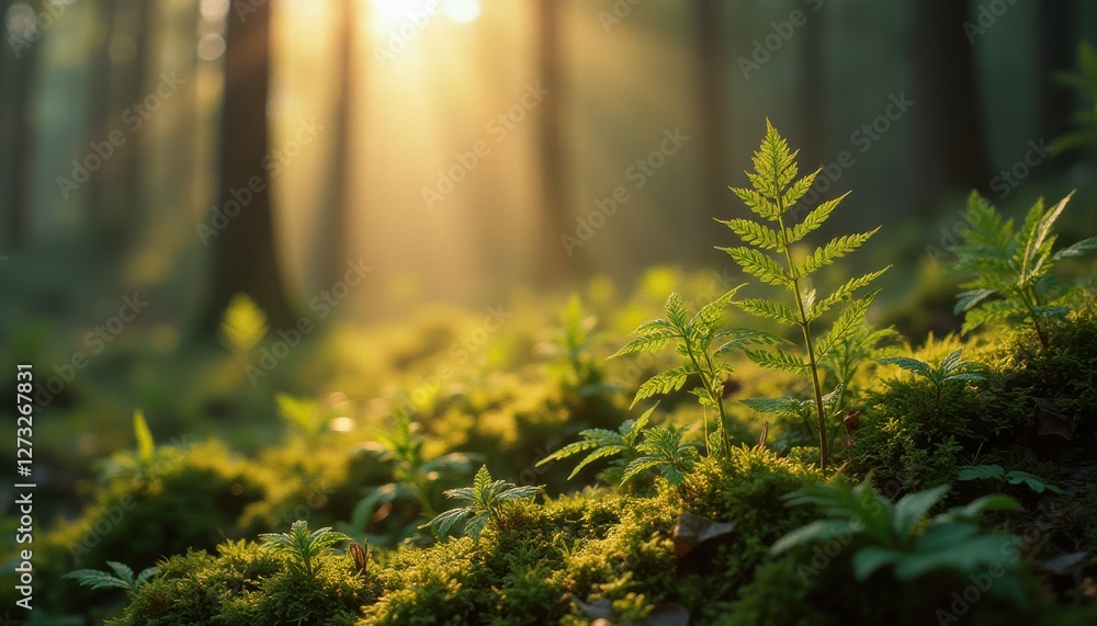 Aufkleber serene close up of lush ferns and moss basking in soft sunlight in a tranquil forest
