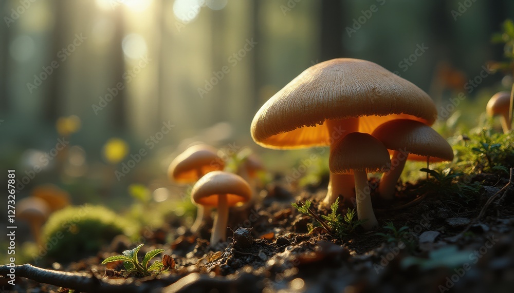 Aufkleber mushrooms glimmer in soft sunlight within an enchanting forest setting