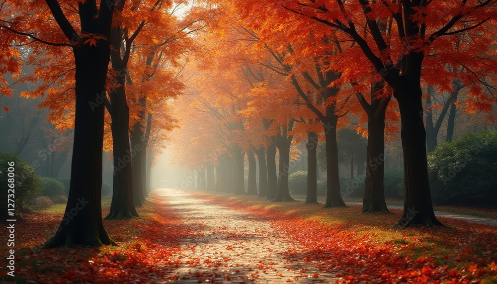 Aufkleber captivating autumn pathway lined with vibrant orange trees during morning light in a serene forest
