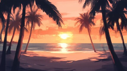 Idyllic sunset beach scene with palm trees, ocean, and vibrant sky.