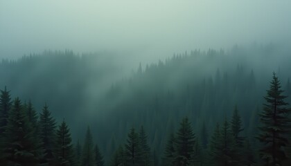 Fototapeta premium Cinematic landscape of endless pine forest shrouded in mist during early morning hours