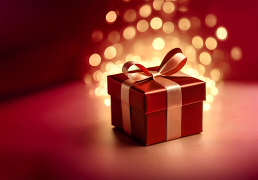 A red gift box, decorated with a ribbon, against a backdrop of soft golden lights. Ideal for festive advertising