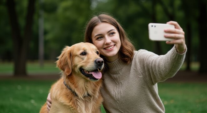 Smiling Woman Taking Selfie with Golden Retriever in Park
