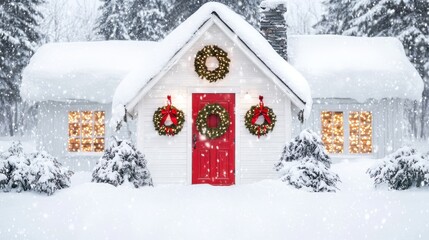 Charming Winter Cottages with Holiday Wreaths