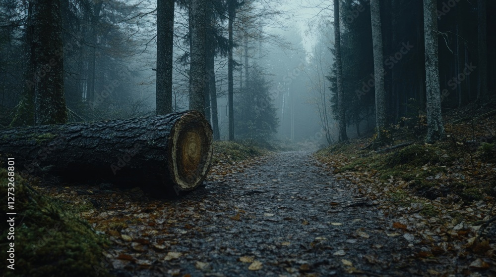 Poster Fallen log blocking a path in a misty forest