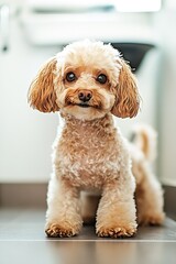 Adorable fluffy cream colored dog with big eyes standing on a tiled floor looking curiously at the camera : Generative AI