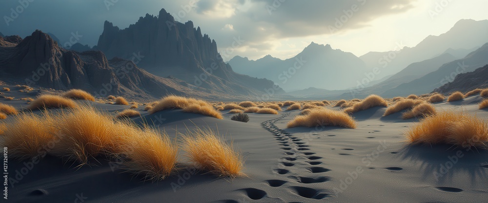 Aufkleber surreal landscape with golden grass and mountain backdrop creating an otherworldly atmosphere at sun