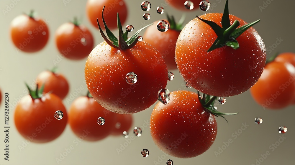 Poster Fresh Red Tomatoes Surrounded by Water Droplets Creating a Lively Culinary Display : Generative AI