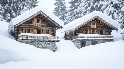 Rustic Snow-Covered Cabins in Winter Wonderland