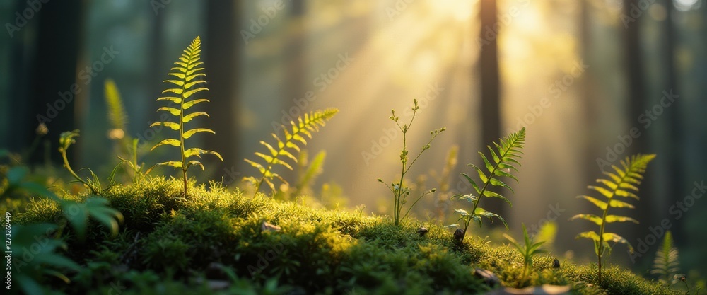 Aufkleber enchanting close up of ferns bathed in warm sunlight filtering through a tranquil forest