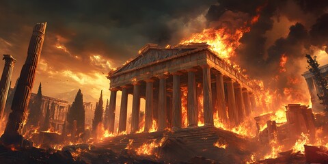 Fototapeta premium Ancient City Temple Burning, Fiery Destruction