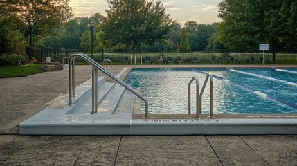 A hotel pool area featuring aluminum handrails on the steps leading into the water