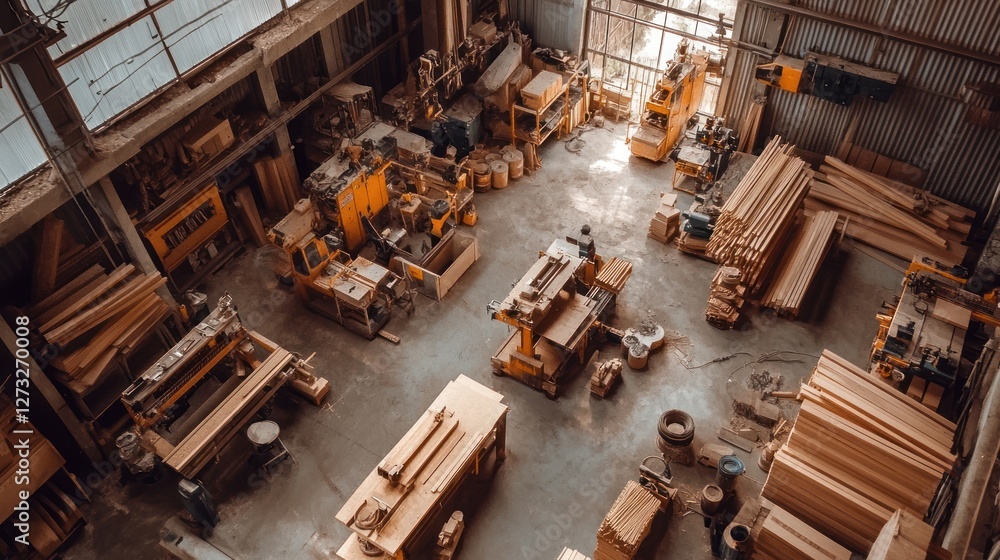 Poster overview of a woodworking factory with machines and lumber