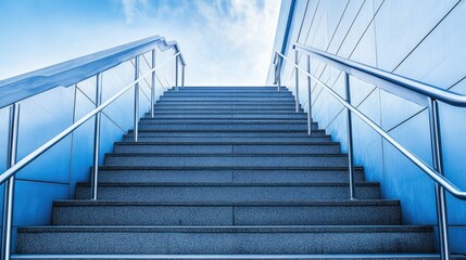 A large commercial staircase with aluminum handrails providing both function and aesthetic appeal