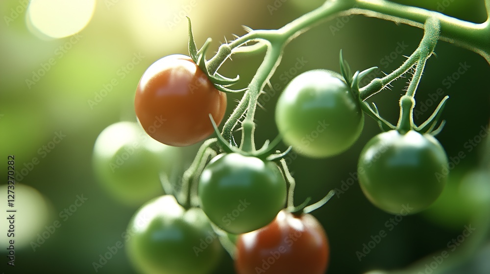 Aufkleber fresh red and green tomatoes on the vine with sunlight illuminating the garden background : generati