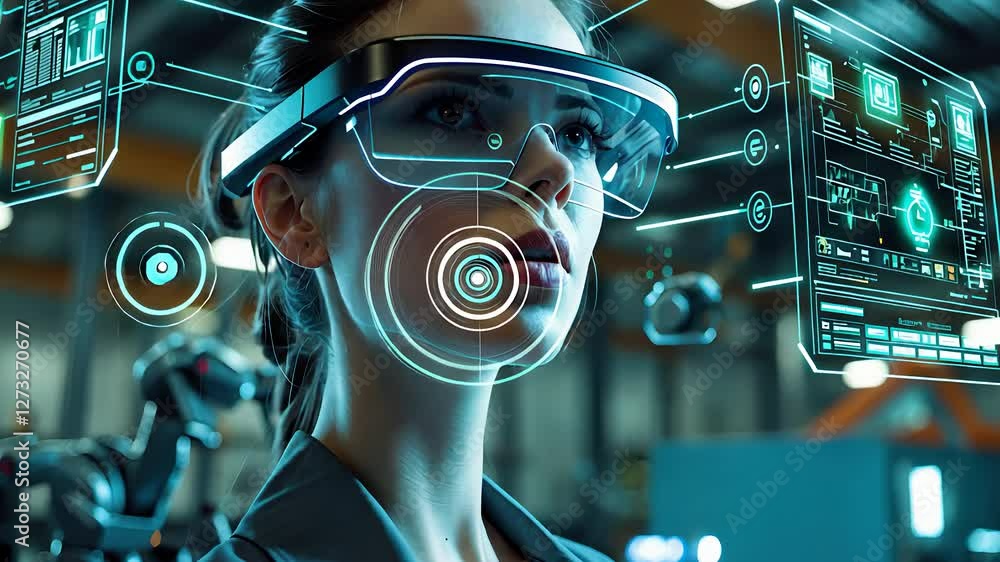 Poster futuristic woman using augmented reality smart glasses with digital interface and holographic data i