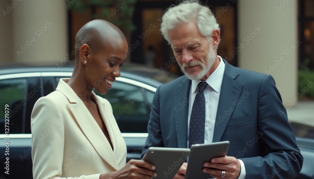 Poster business professionals engage in conversation while reviewing documents outside a modern office buil
