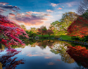 A serene pond mirroring an explosion of spring colors from the foliage and sky in a secluded park.
