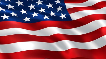 Close-up of a waving American flag, showcasing its red and white stripes and blue field of stars.