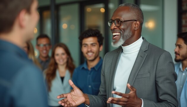 Engaging conversation with an African American man surrounded by a diverse group of people in a modern workspace