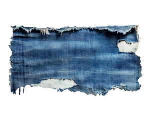 rugged piece of torn denim fabric with frayed edges, showcasing worn out texture and deep blue color, perfect for creative projects or fashion design