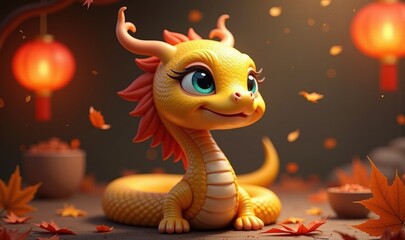 A charming, cartoon-style yellow dragon surrounded by autumn leaves and lanterns, perfect for children’s media, festive themes, or fantasy illustrations.