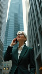 Fototapeta premium Elderly Caucasian woman in a suit talking on her phone in a modern urban environment during daylight