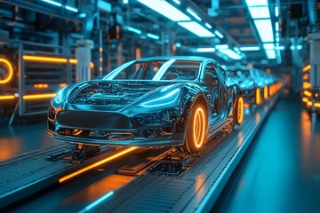 Obraz premium Futuristic Robotic Production of Sleek Electric Cars on High-Speed Assembly Line