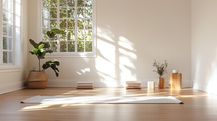 A serene yoga space featuring natural light, wooden flooring, plants, and minimalist decor, perfect for relaxation and mindfulness.