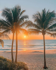 Sunrise Beach Palm Trees Illustration
