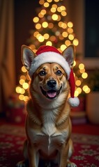 Cheerful corgi in a Santa hat with a festive backdrop, perfect for capturing the holiday spirit and adding a playful touch to your seasonal projects.