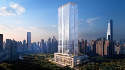 A modern skyscraper with an aluminum panel exterior, reflecting sunlight while preventing heat absorption
