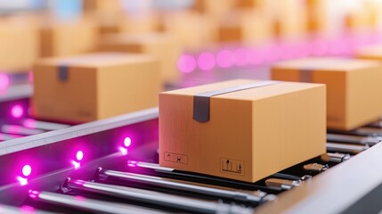 A series of cardboard boxes moving on a conveyor belt in a warehouse, illuminated by vibrant lights, showcasing an efficient logistics process.