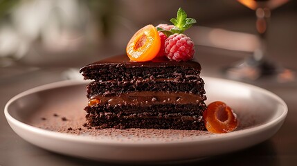 A decadent Austrian Sachertorte, an apricot-chocolate cake, no shadows The cake takes the spotlight, with no text, logo, signature, human body, people, or plants, 