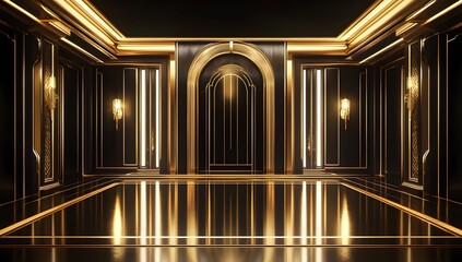 Luxurious black and gold room interior with arched doorway