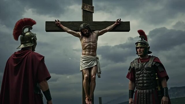 Crucifixion scene with Roman soldiers, dramatic sky and religious symbolism for Easter story, faith and Christianity. Historical reenactment with ancient costumes for spiritual and biblical narrative